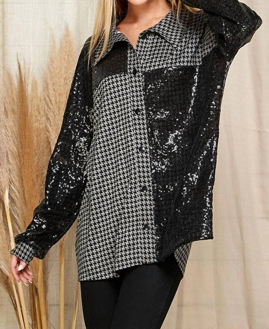 Elegantes Pailletten-Top mit Hahnentrittmuster