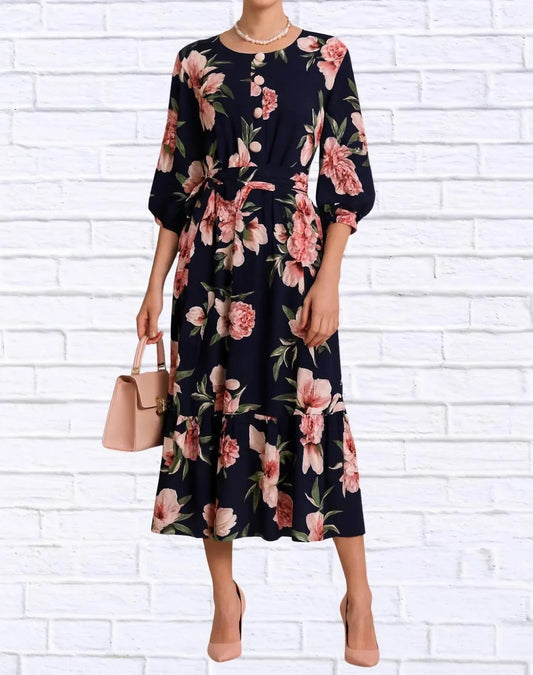 Floral Midi Dress With Belt And Side Pockets