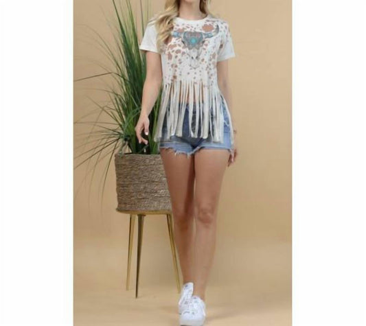 Western Longhorn Kuh-Print Fransen-Top