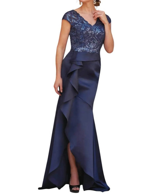 V-Ausschnitt Pailletten Metallic Bestickte Spitze & Marquis Satin MOB Kleid