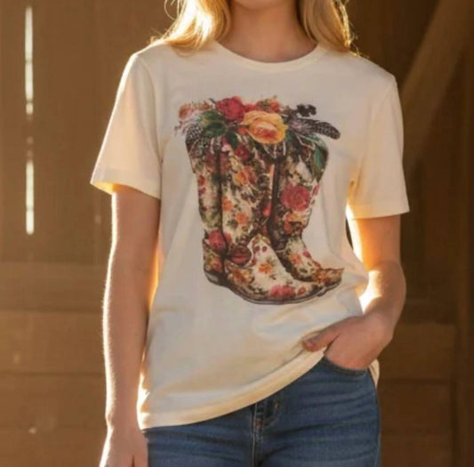 Floral Boots With Rhinestone Crew Tee