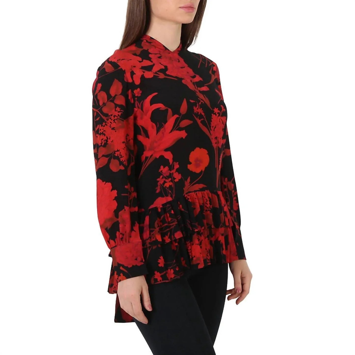 Bluse mit Blumenmuster und Plisseebesatz
