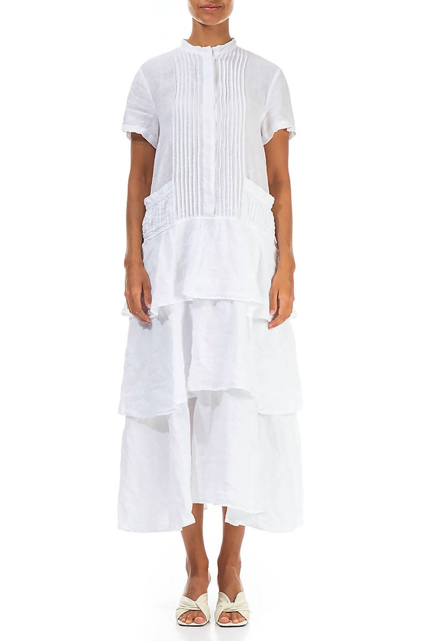Linen Pleated Front Dress With Tiered Skirt