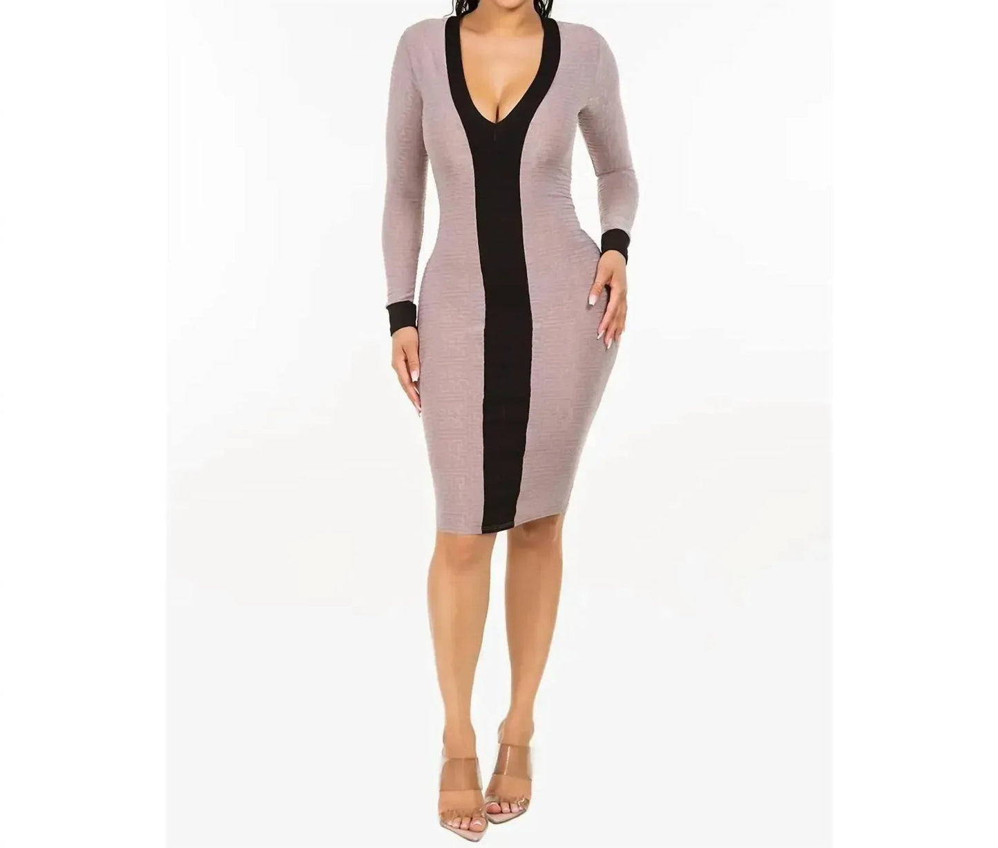 Geripptes Midikleid mit Kontrast-V-Ausschnitt