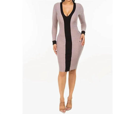 Contrast V Neck Rib Midi Dress