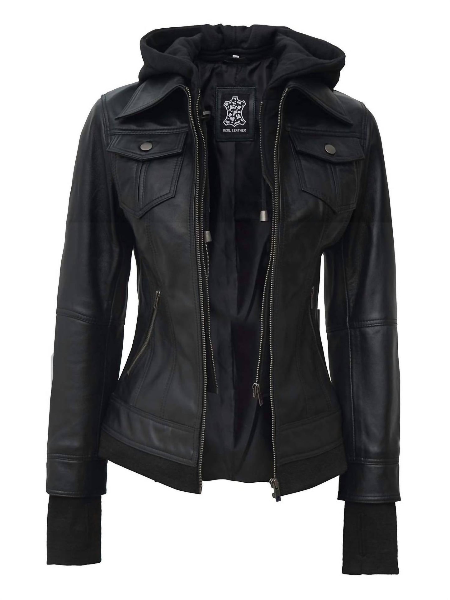 Damen Bomber-Lederjacke mit abnehmbarer Kapuze