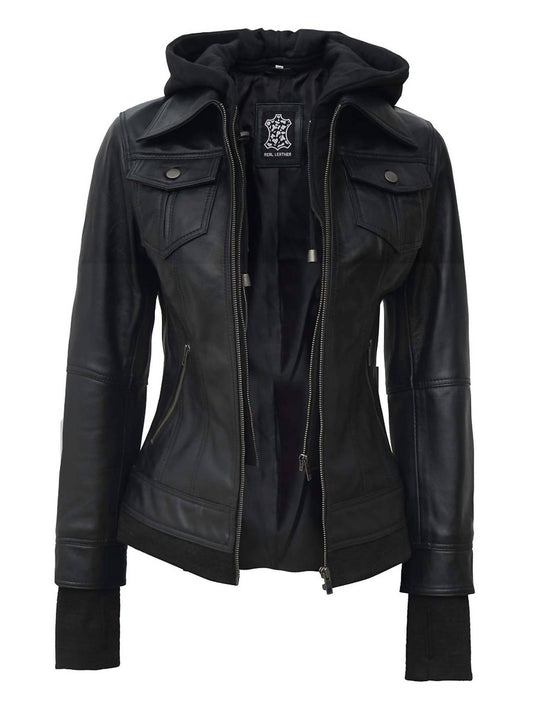 Damen Bomber-Lederjacke mit abnehmbarer Kapuze