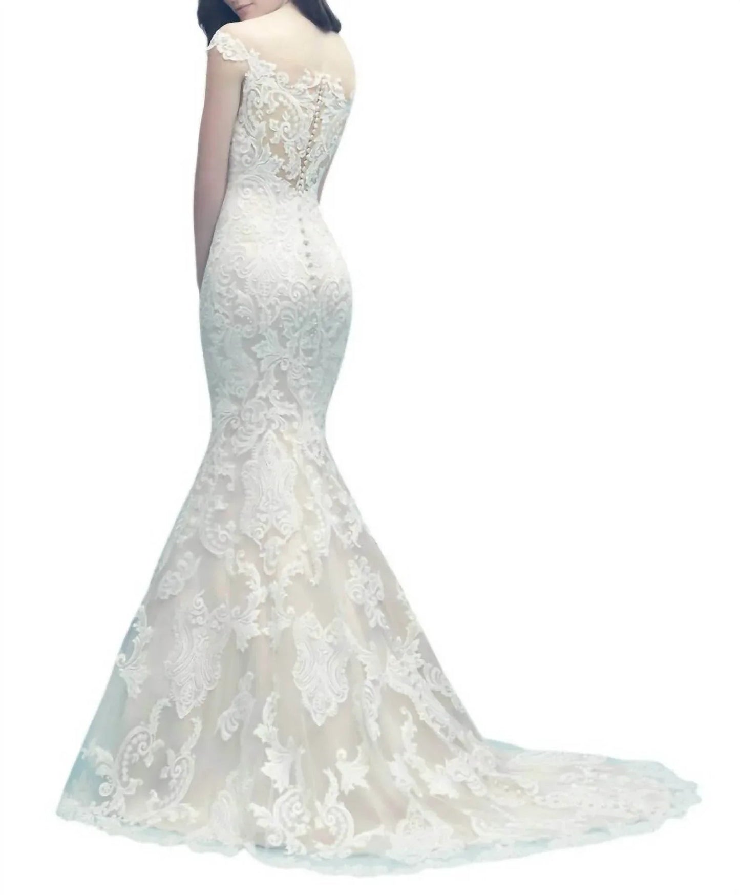 Off-Shoulder Lace Gown with Detachable Tulle Train