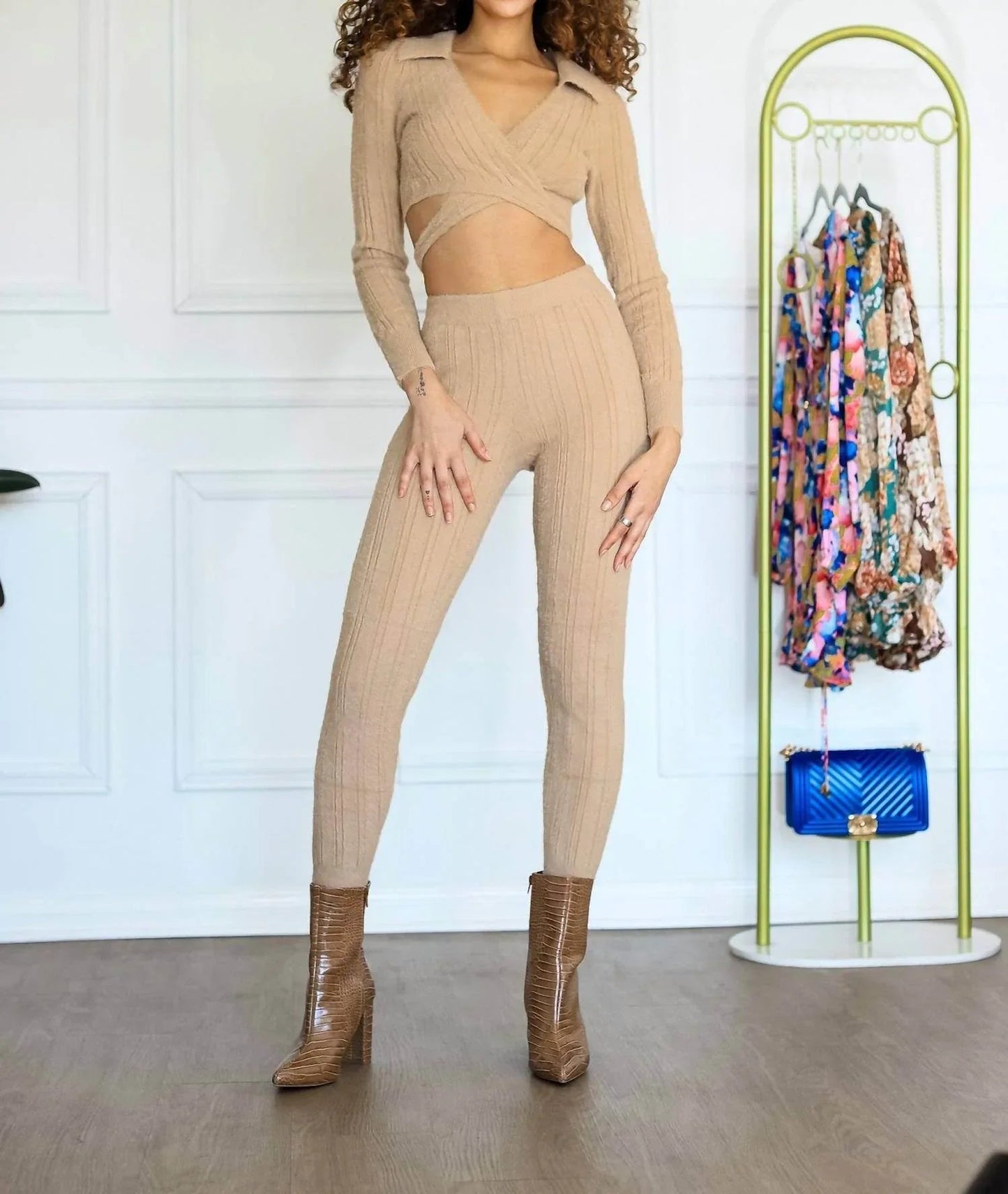 Damen Langarm Crop Top und Hosen Set