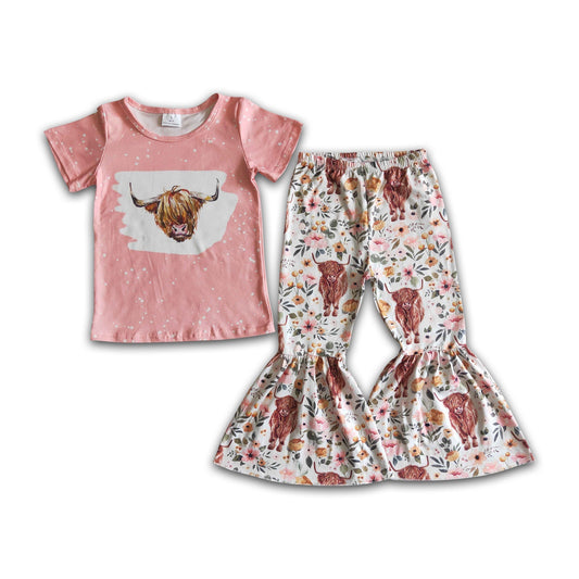 Highland Kuh Print Shirt Schlaghose Mädchen Frühlingskleidung