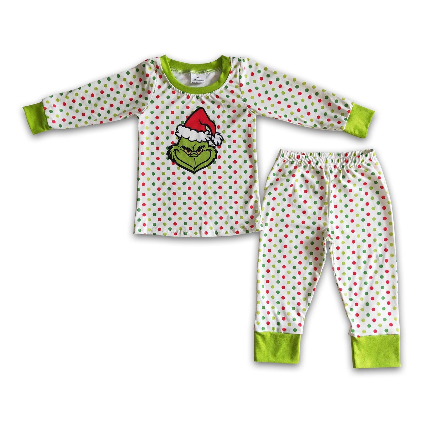 Grün gepunkteter Langarm-Jungen-Schlafanzug mit Gesichtsmotiv zu Weihnachten