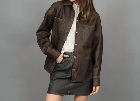 Aliska Distressed Faux Leather Snap Front Shirt