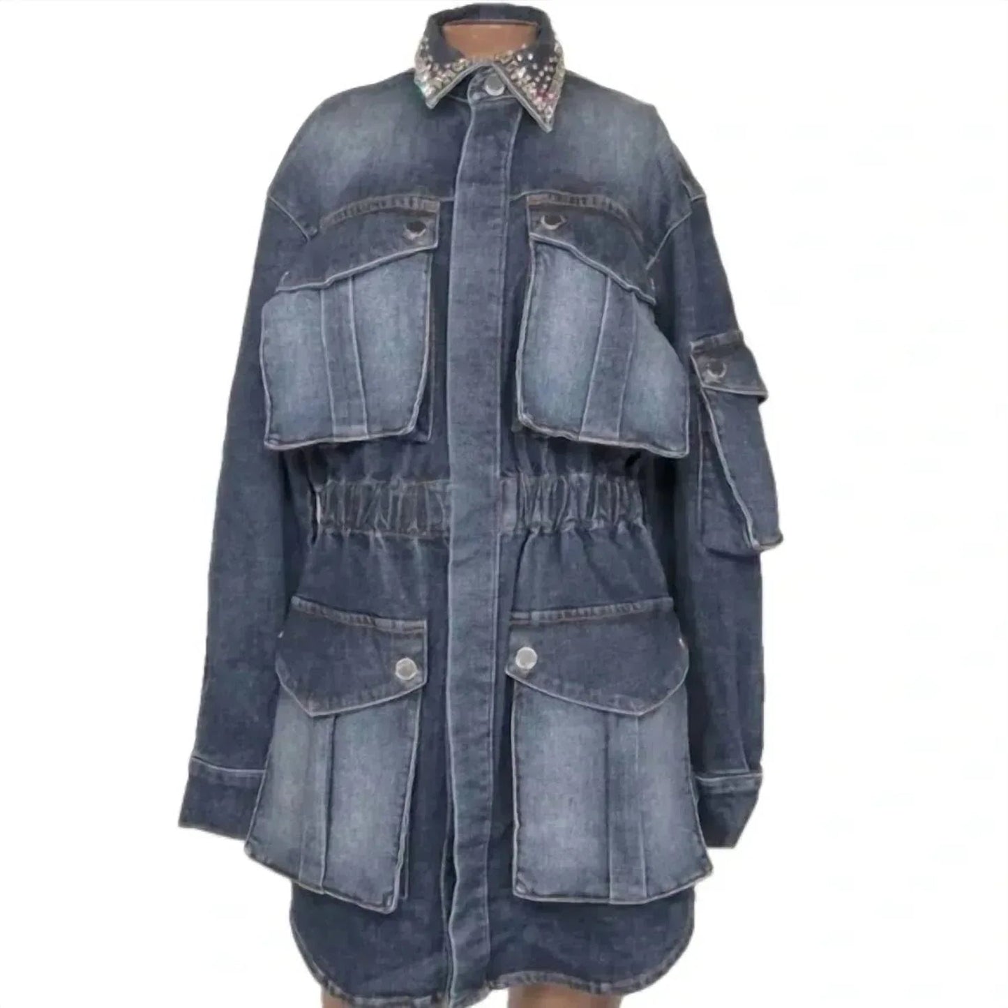 Women's Long Sleeve Strass Denim Cargo Jacket