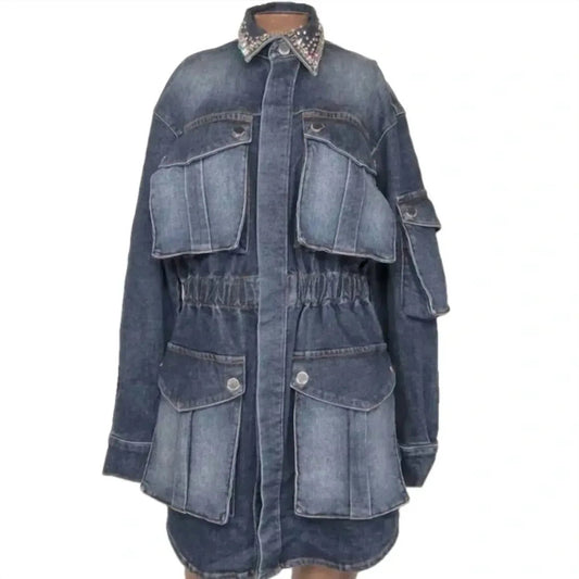 Women's Long Sleeve Strass Denim Cargo Jacket