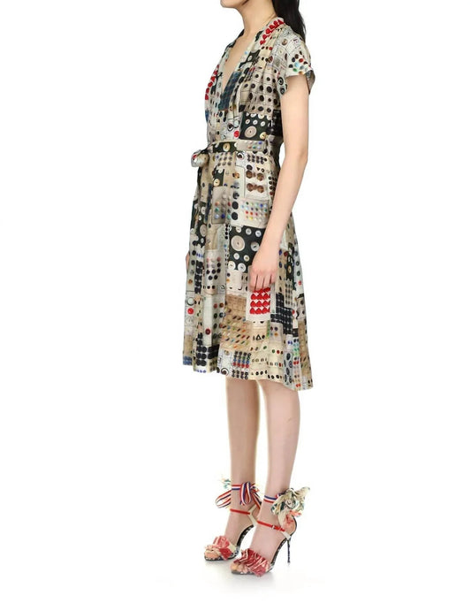 Button Card Shoppe Tuck Pleat V Neck Dress
