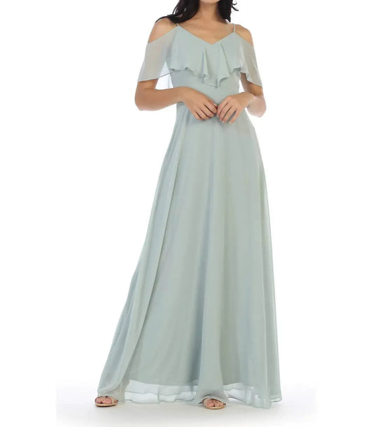 Chiffon Cold Shoulder Ruffle Sleeve Bridesmaid Dress