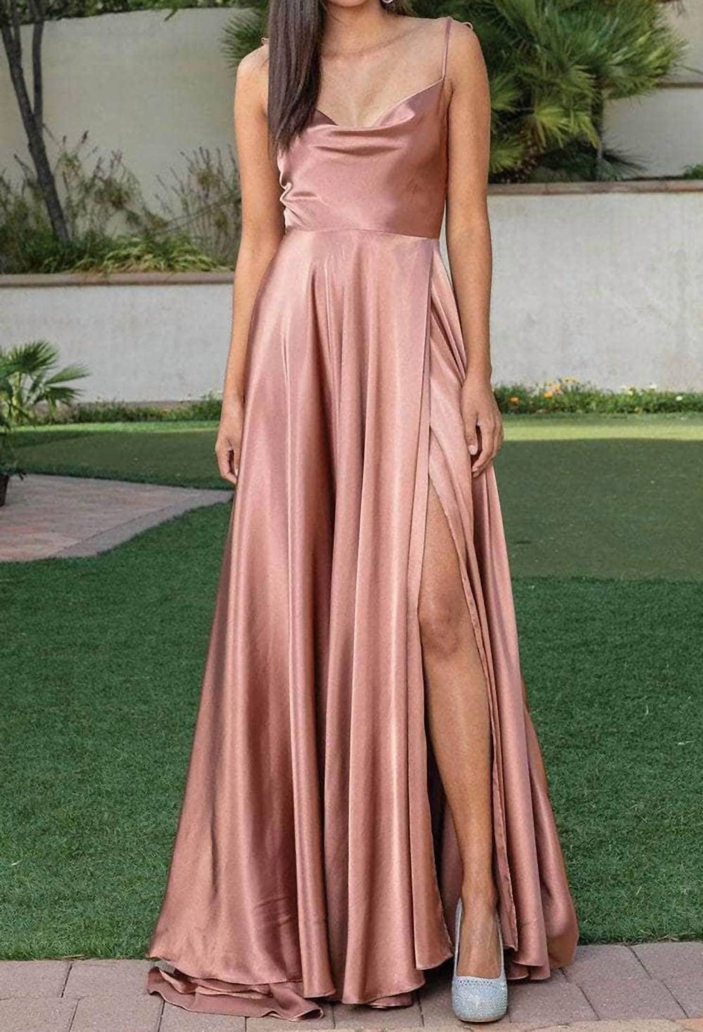 Silky Satin A-Line Gown with Spaghetti Straps