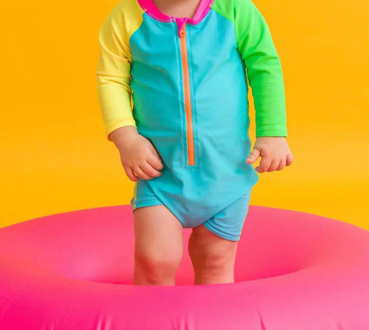 Boys' Neon Color Block Long Sleeve One Piece Rash Guard Swimsuit