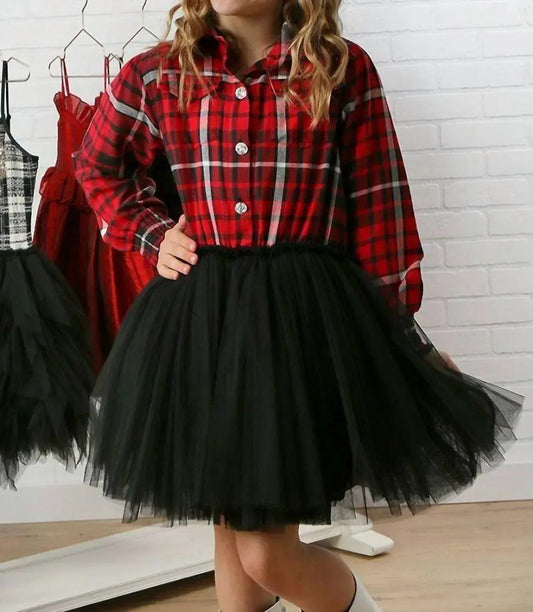Mädchen Hemdkleid mit Karomuster und Tüll