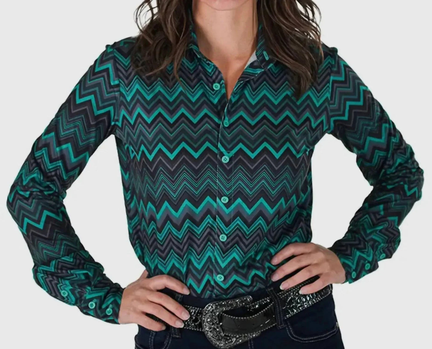 Pullover Chevron Print Stretch Jersey Button Up Top