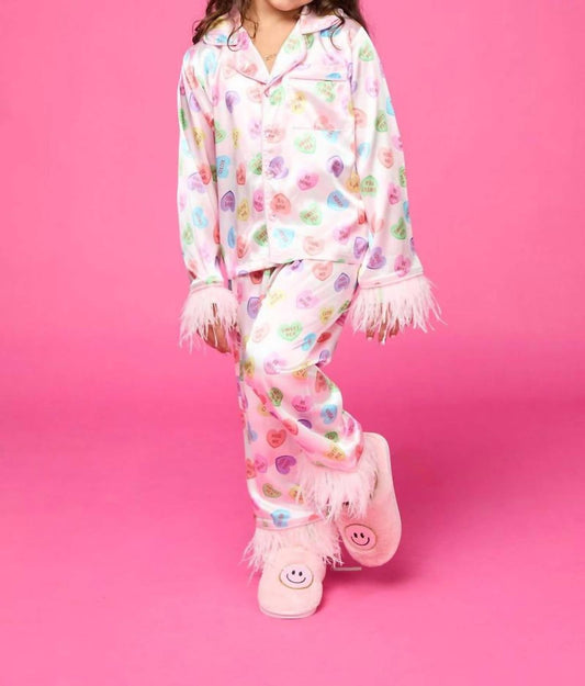 Mädchen Pyjama-Set "Liebling" aus seidigem Stoff mit Federbesatz