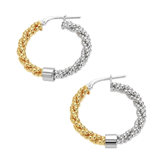 Women's Two Tone Beaded Twisted Round Hoop Earrings