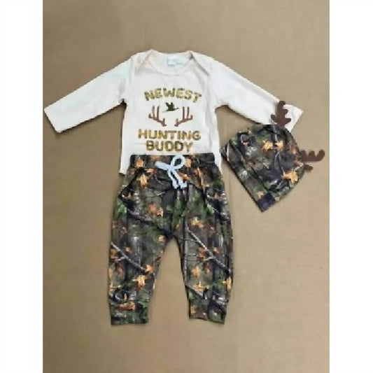Baby Boys' Newest Hunting Buddy Romper, Pants & Hat Set