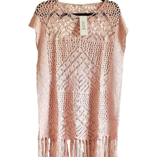 Women's Crochet Open Knit Top with Fringe