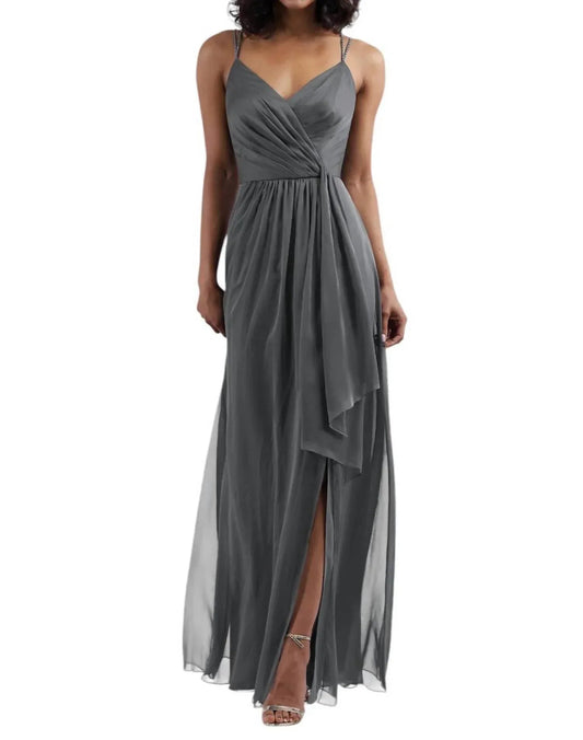 Langes Brautjungfernkleid aus Tiffany-Chiffon mit V-Ausschnitt