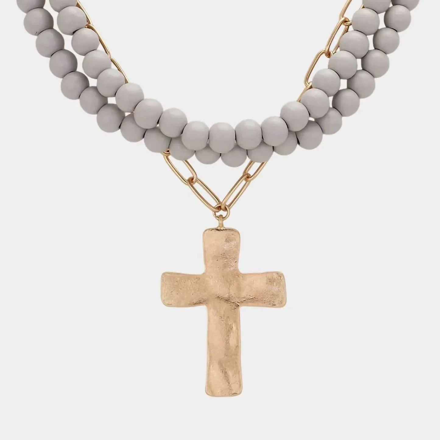 Damen Maribelle Halskette mit gehämmerter Metallkreuz-Anhänger und Holzperlen