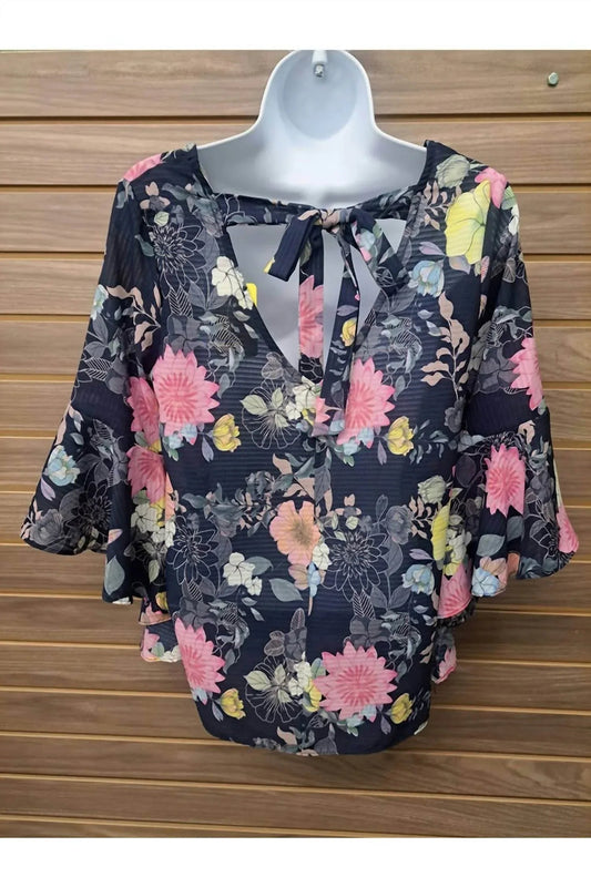 Women's Floral Bell Sleeve Back Tie Top