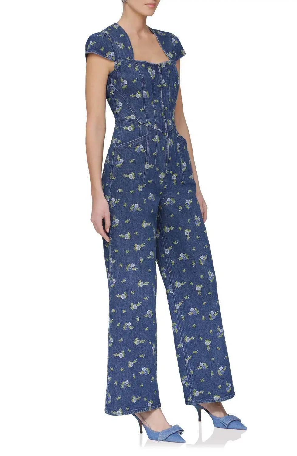Floral Cap Sleeve Corset Wide Leg Denim Jumpsuit