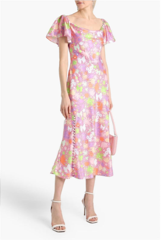 Button-embellished Printed Satin Midi Dress