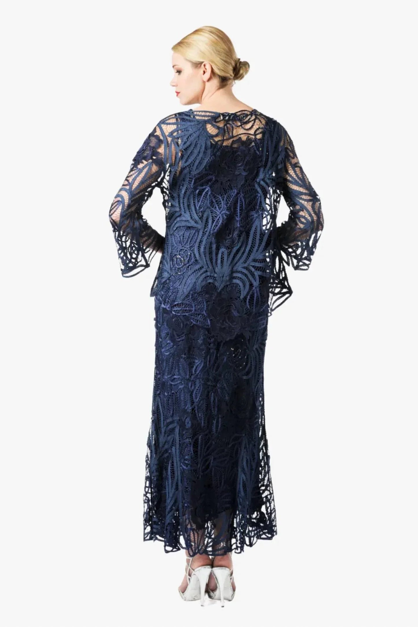 Set aus besticktem Spitzenkleid und Jacke mit Rosenmotiv