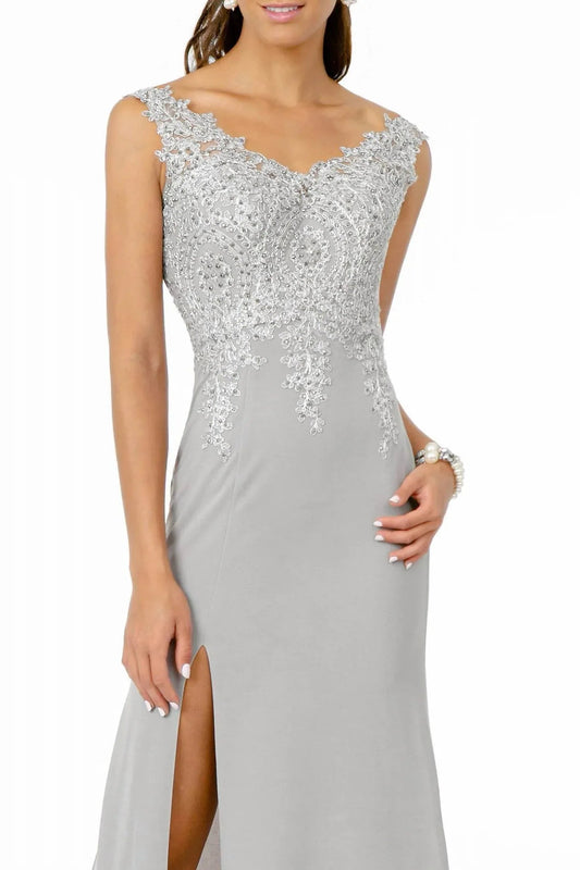 Embroidered Bodice V-neck Jersey Long Dress