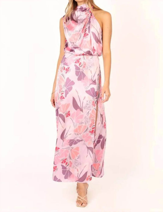 Amelia Halterneck Floral Sleeveless Satin Maxi Dress