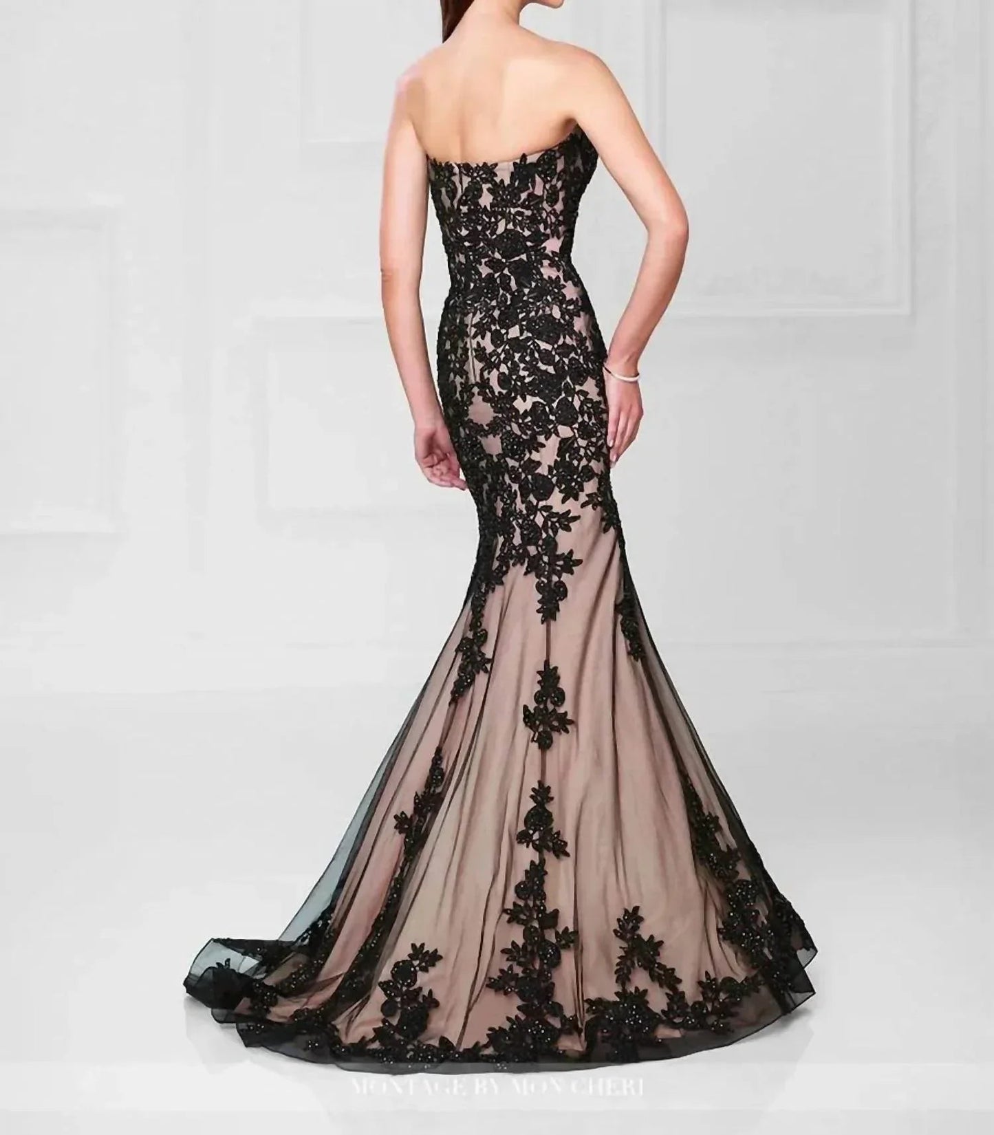 Sequined Brocade Lace Nude Strapless Long Gown