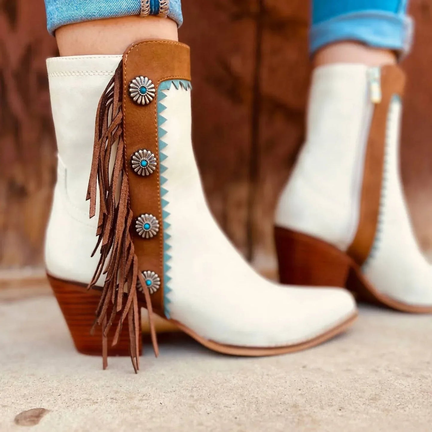 Women's Fringe Denim Boots With Conchos