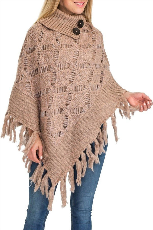 Rollkragen Rippstrick Häkel-Poncho mit Knopf-Akzent
