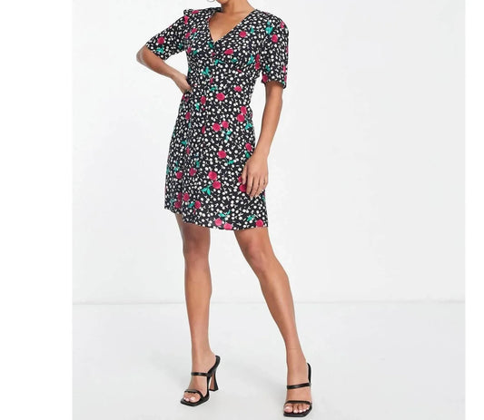 Cherry Short Sleeve Button Front Mini Dress