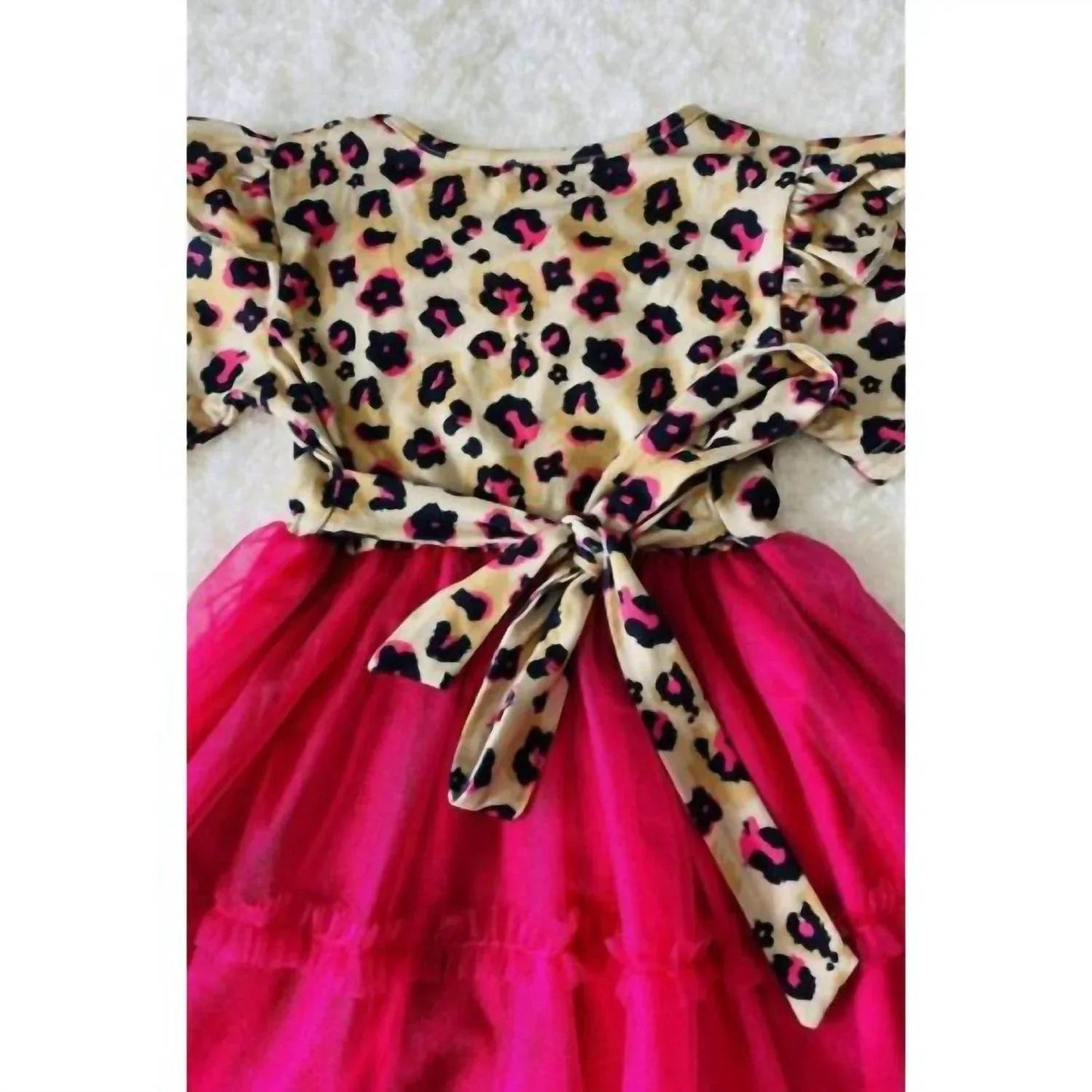 Girl's Leopard Print Ruffle Sleeve Dress With Hot Pink Tulle Skirt