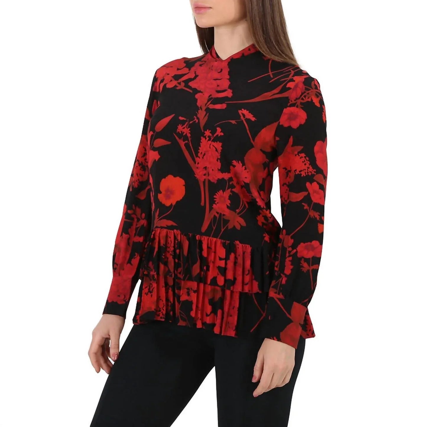 Bluse mit Blumenmuster und Plisseebesatz