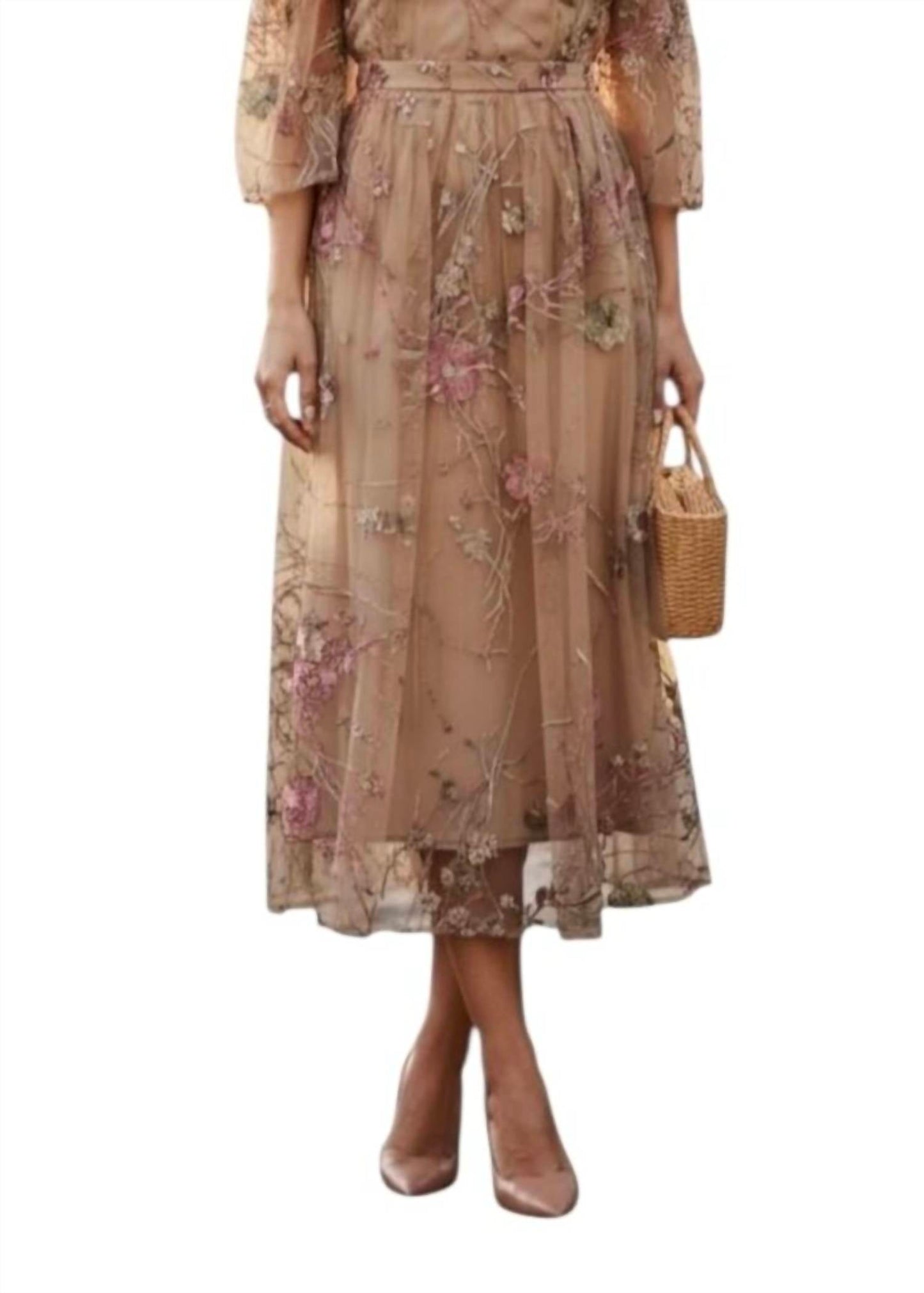 Transparentes geblümtes besticktes Midikleid