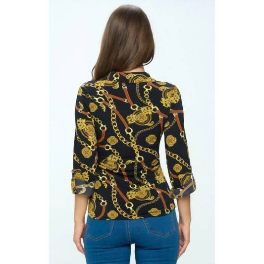 Chain Print Roll-up Sleeve Button Down Blouse