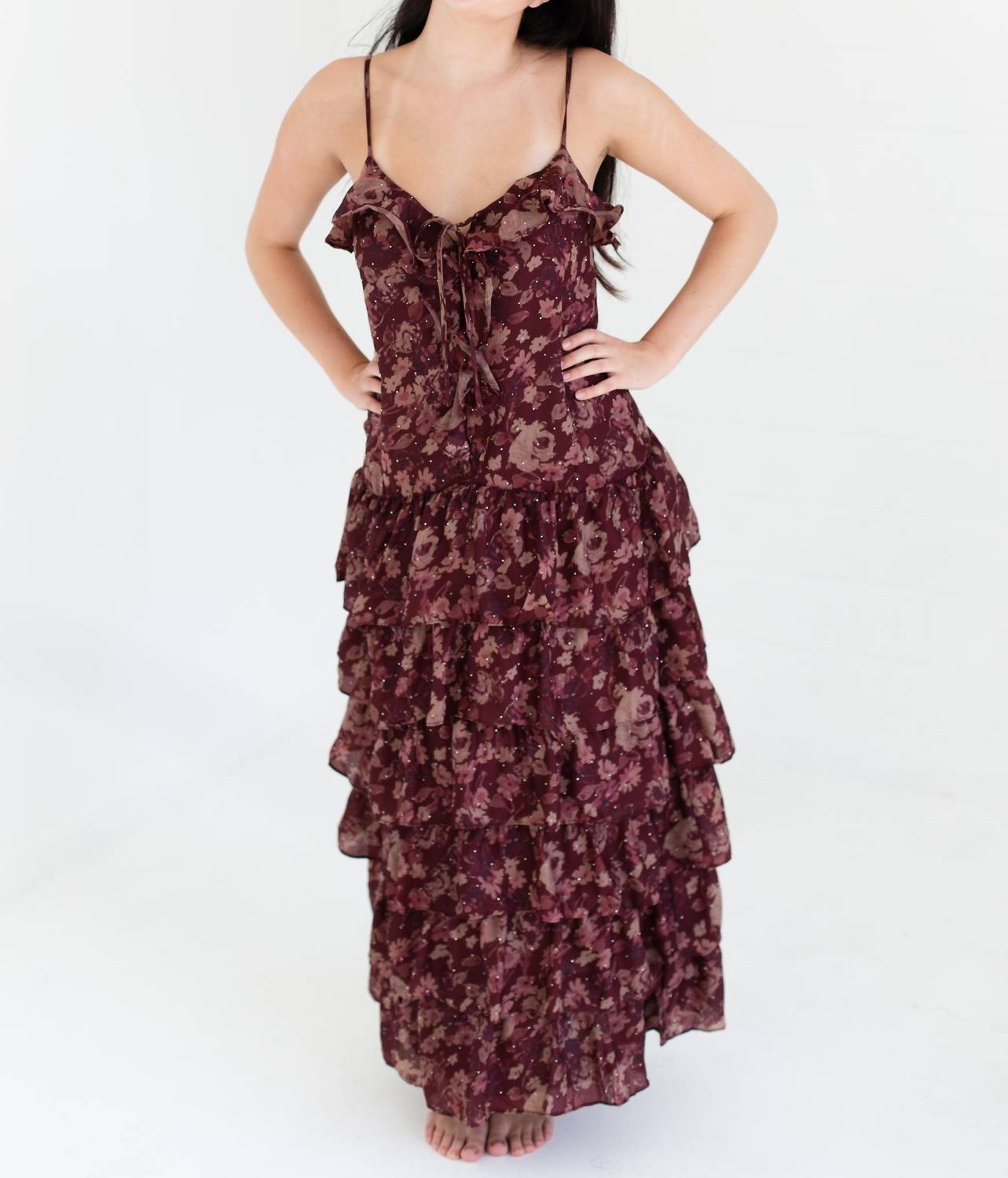 Damen Maxikleid mit Blumenmuster, Rüschen und Stufen