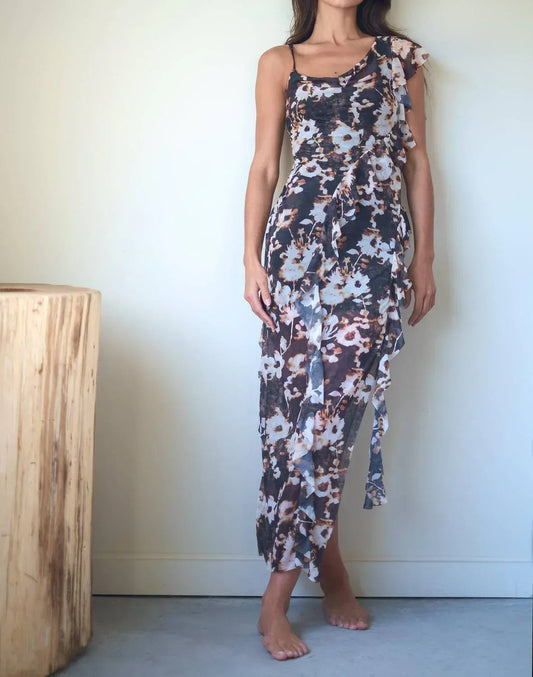 Wasserfall-Rüschen-asymmetrisches Kleid
