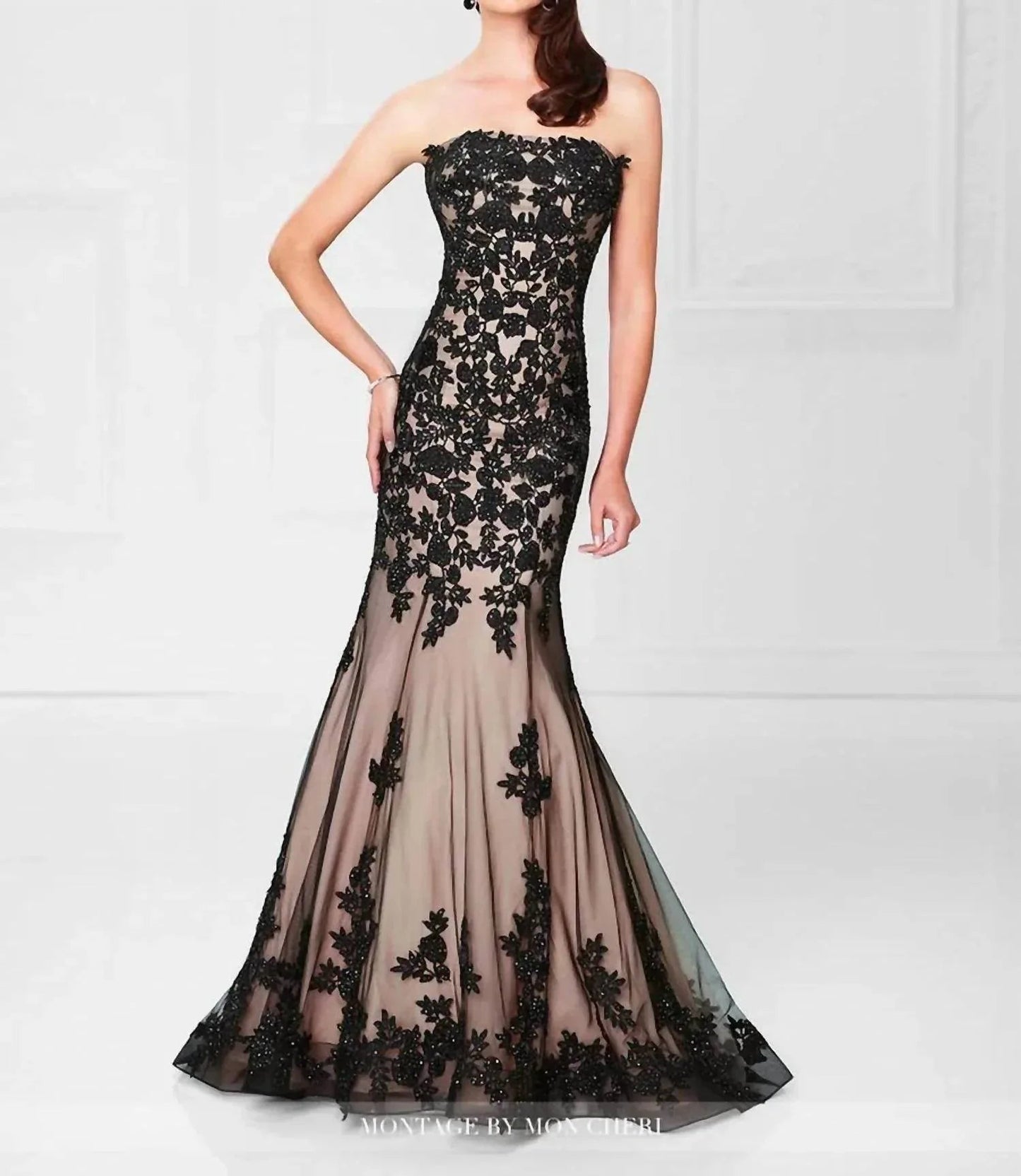 Sequined Brocade Lace Nude Strapless Long Gown