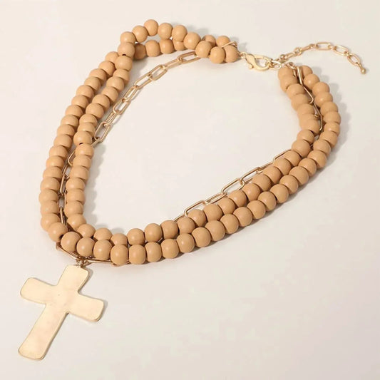 Women's Maribelle Hammered Metal Cross Pendant Wood Bead Necklace