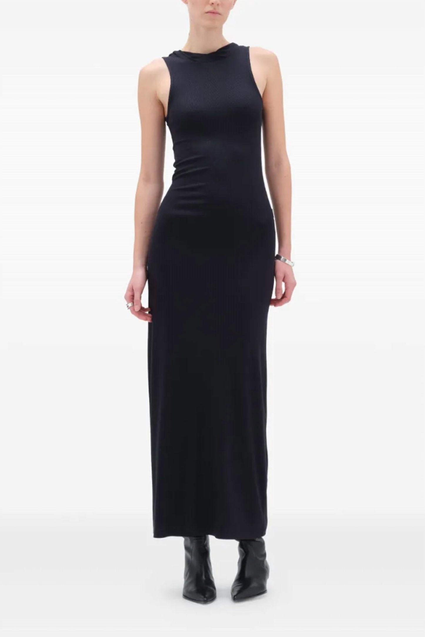 Geripptes Jersey Maxikleid mit tiefem Rückenausschnitt