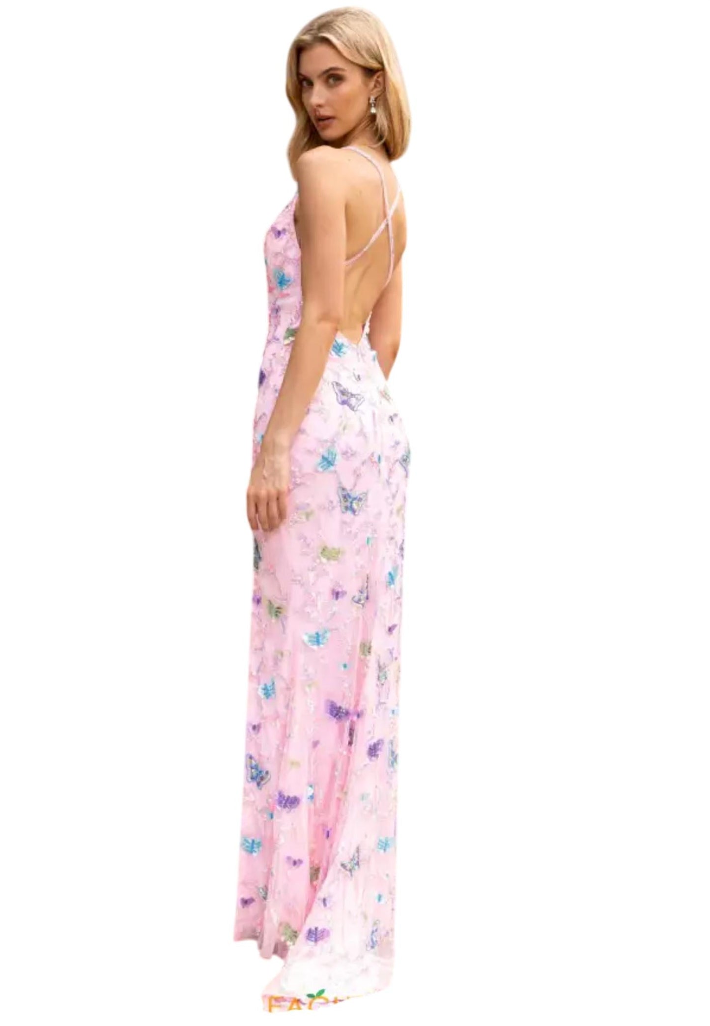 Abendkleid mit V-Ausschnitt und Perlenstickerei Schmetterling